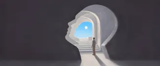 A person stands in a tunnel shaped like a human head, looking toward a bright sky and sun at the end of a staircase, symbolizing self-discovery or inner journey.